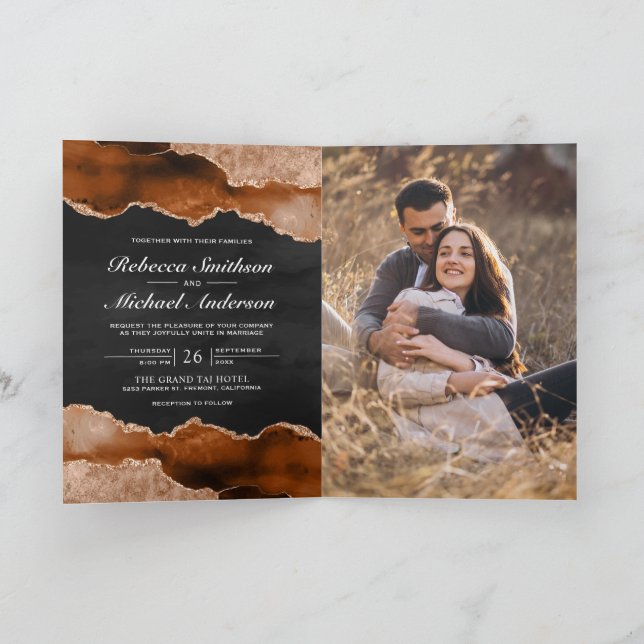 Burnt Orange Agate Marble Charcoal QR Code Wedding Invitation (Inside)