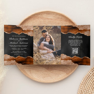 Burnt Orange Agate Marble Charcoal QR Code Wedding Tri-Fold Invitation