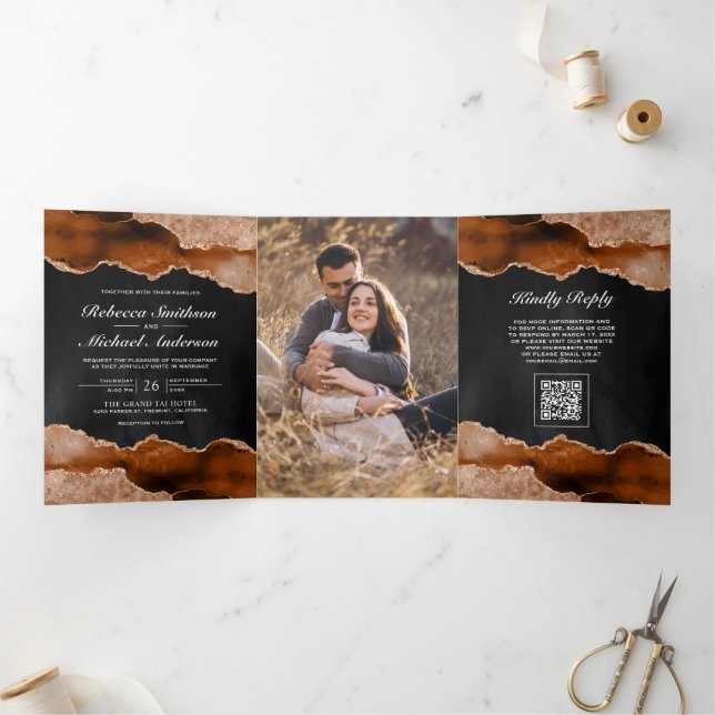 Burnt Orange Agate Marble Charcoal QR Code Wedding Tri-Fold Invitation (Inside)
