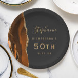 Burnt Orange Agate Marble Gold Dark 50th Birthday Paper Plate<br><div class="desc">These elegant modern 50th birthday plates feature a burnt orange watercolor design trimmed with faux gold glitter on an off-black background. Easily customise the gold-coloured text with the guest of honour's name and birthday.</div>
