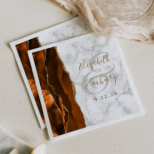 Burnt Orange Agate Marble Gold Script Wedding Napkin