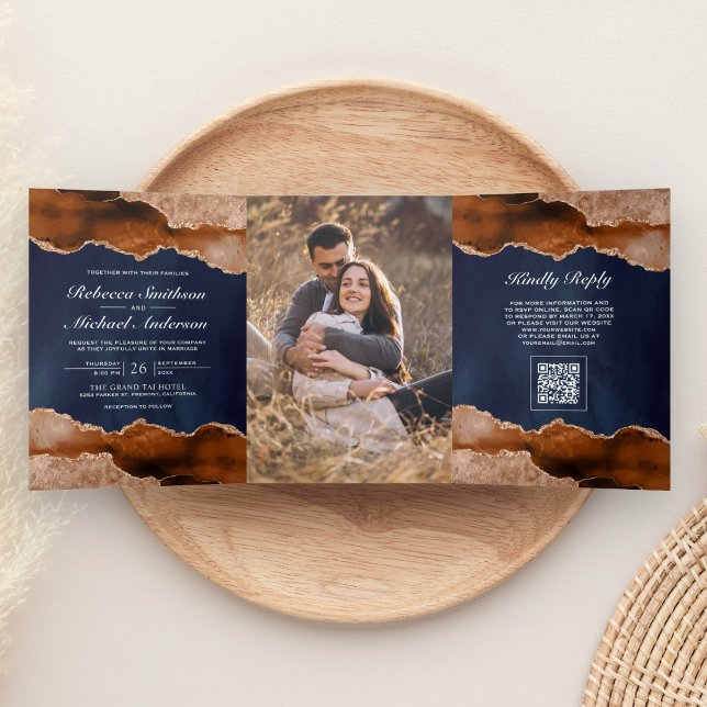 Burnt Orange Agate Marble Navy QR Code Wedding Tri-Fold Invitation (Creator Uploaded)
