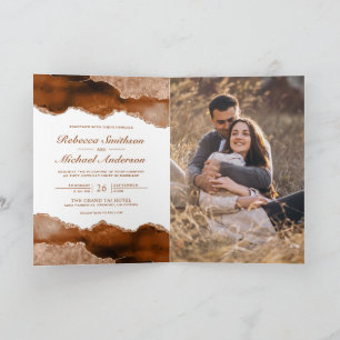 Burnt Orange Agate Marble Photo QR Code Wedding Invitation