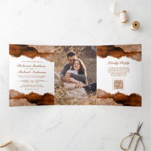 Burnt Orange Agate Marble Photo QR Code Wedding Tri-Fold Invitation