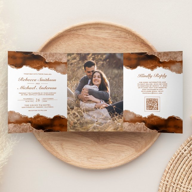Burnt Orange Agate Marble Photo QR Code Wedding Tri-Fold Invitation (Creator Uploaded)