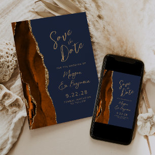 Burnt Orange Agate Navy Blue Script Save the Date Invitation