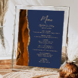 Burnt Orange Agate Navy Blue Wedding Table Menu Poster<br><div class="desc">The left-hand edge of this elegant modern wedding menu sign features a burnt orange watercolor agate border trimmed with faux gold glitter. The word "Menu" appears in gold-coloured handwriting script on a navy blue background. Personalise the remaining text with the names of the couple, the wedding date, and the menu...</div>