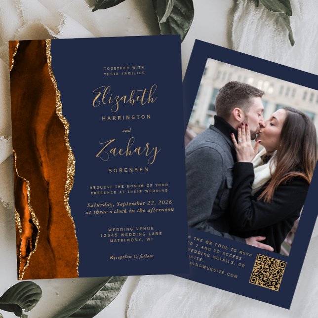 Burnt Orange Agate Navy Photo QR Code Wedding Invitation (Creator Uploaded)