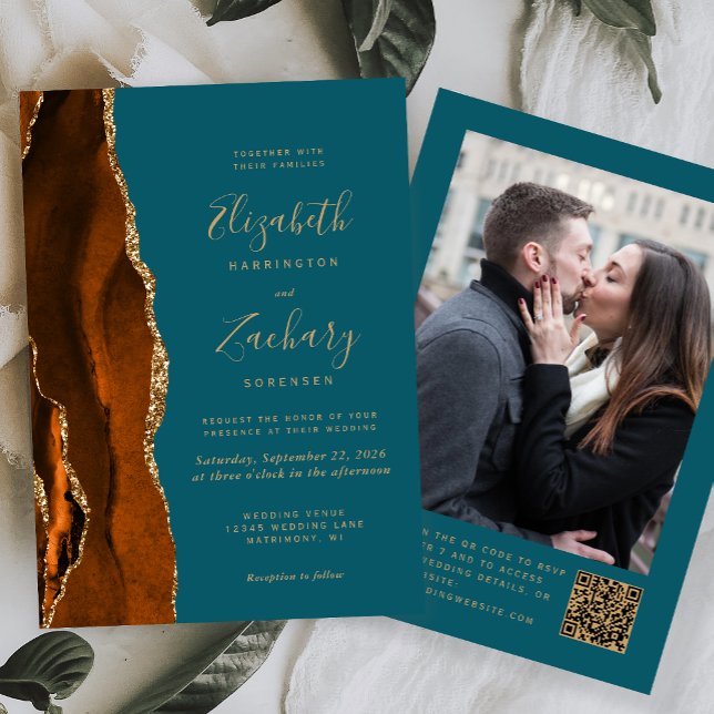 Burnt Orange Agate Teal Photo QR Code Wedding Invitation (Creator Uploaded)