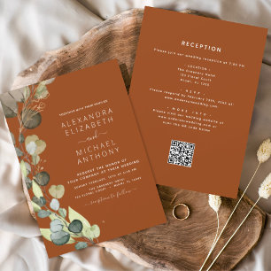 Burnt Orange All in One Eucalyptus QR Code Wedding Invitation
