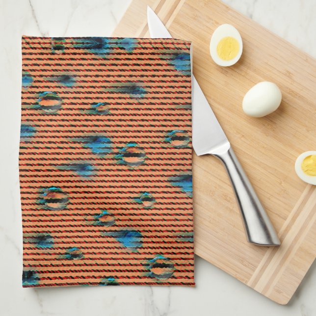 Burnt Orange and Blue Fabric Pattern Tea Towel (Quarter Fold)