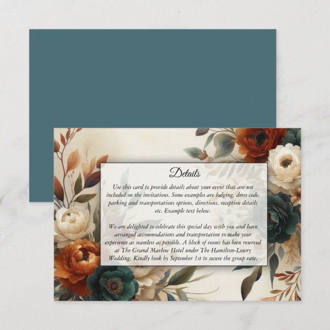 Burnt Orange and Blue Fall Flowers Wedding Enclosure Card (Front/Back)