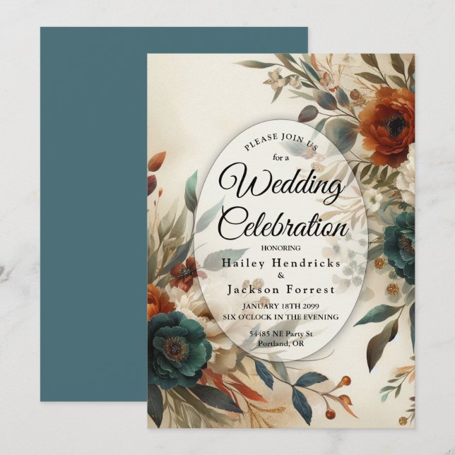 Burnt Orange and Blue Fall Flowers Wedding Invitation (Front/Back)