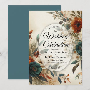Burnt Orange and Blue Fall Flowers Wedding Invitation