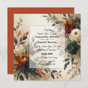 Burnt Orange and Blue Fall Flowers Wedding Invitation