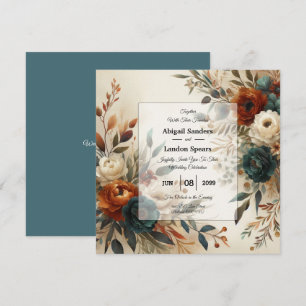 Burnt Orange and Blue Fall Flowers Wedding Invitation