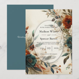 Burnt Orange and Blue Fall Flowers Wedding Invitation