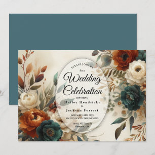 Burnt Orange and Blue Fall Flowers Wedding  Invitation