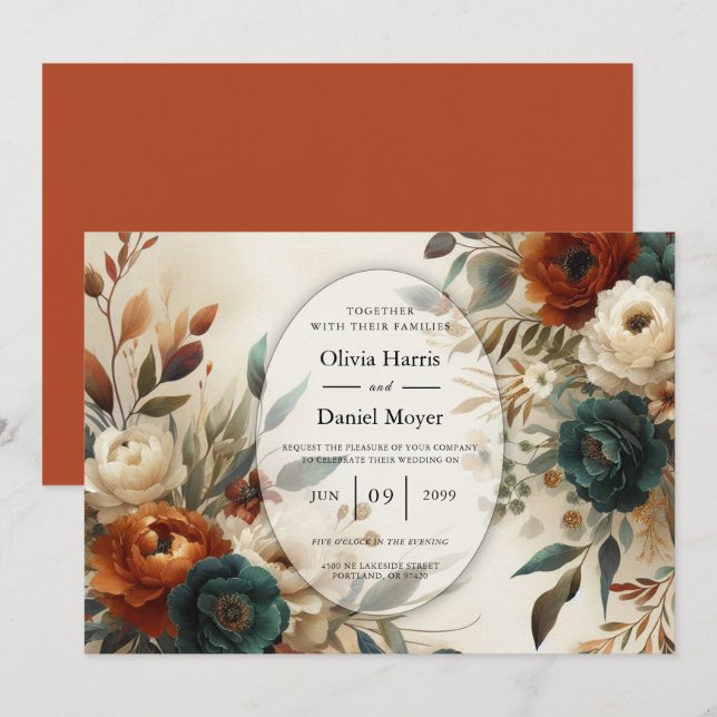 Burnt Orange and Blue Fall Flowers Wedding Invitation (Front/Back)