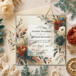 Burnt Orange and Blue Fall Flowers Wedding  Invitation