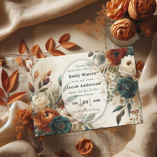 Burnt Orange and Blue Fall Flowers Wedding  Invitation