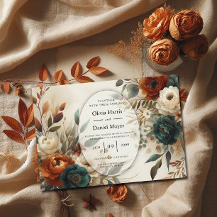 Burnt Orange and Blue Fall Flowers Wedding Invitation