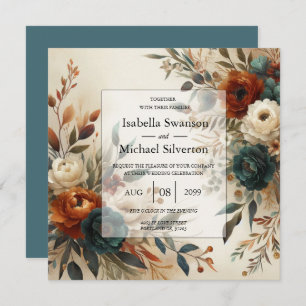 Burnt Orange and Blue Fall Flowers Wedding  Invitation