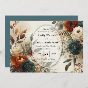 Burnt Orange and Blue Fall Flowers Wedding  Invitation
