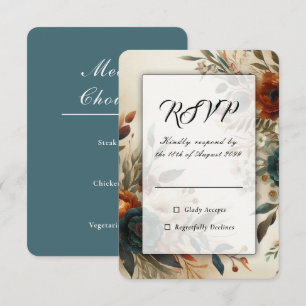 Burnt Orange and Blue Fall Flowers Wedding RSVP Card
