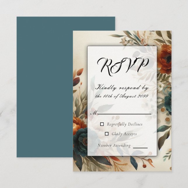 Burnt Orange and Blue Fall Flowers Wedding RSVP Card (Front/Back)