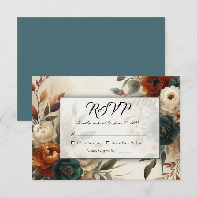 Burnt Orange and Blue Fall Flowers Wedding RSVP Card (Front/Back)