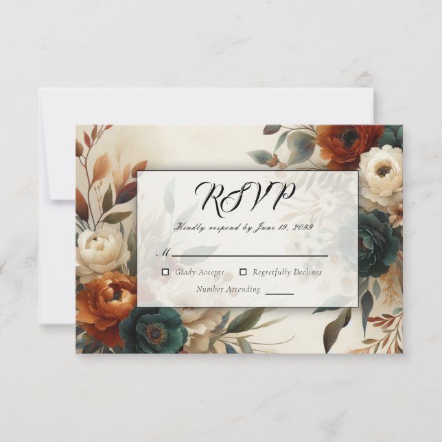 Burnt Orange and Blue Fall Flowers Wedding RSVP Card (Front)