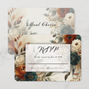 Burnt Orange and Blue Fall Flowers Wedding RSVP Card
