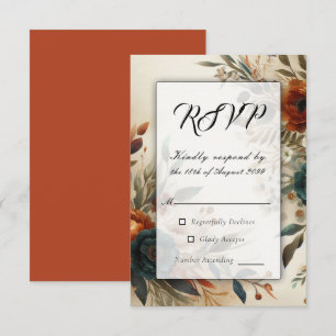 Burnt Orange and Blue Fall Flowers Wedding RSVP Card
