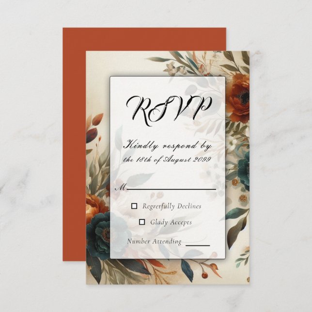 Burnt Orange and Blue Fall Flowers Wedding RSVP Card (Front/Back)