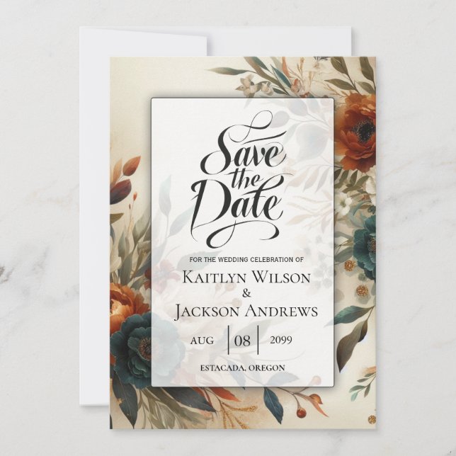 Burnt Orange and Blue Fall Flowers Wedding Save The Date (Front)