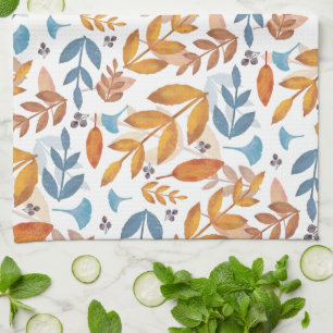 Burnt Orange and Blue Fall Leaves Tea Towel
