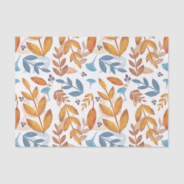 Burnt Orange and Blue Fall Leaves Tissue Paper (Front)