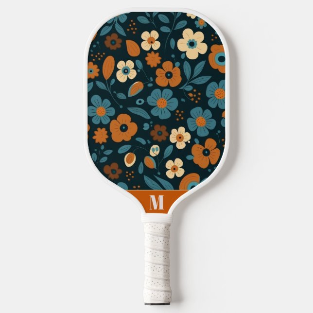 Burnt Orange and Blue Floral Modern Monogram Pickleball Paddle (Front)