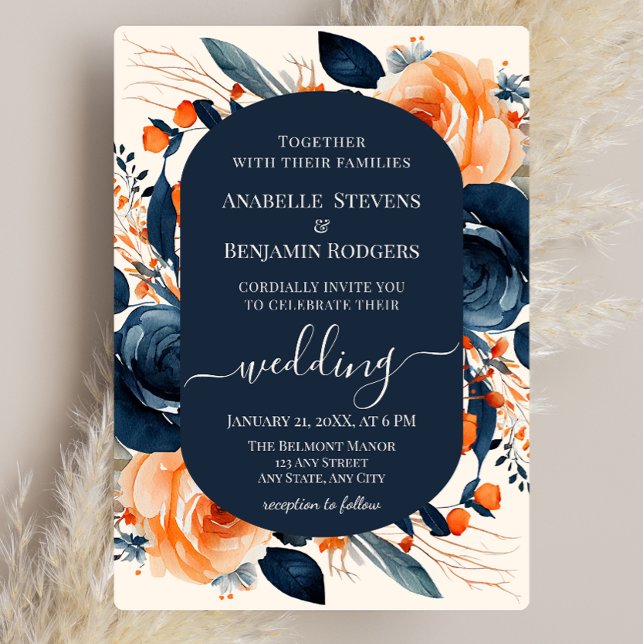 Burnt Orange and Blue Floral Wedding with QR code Invitation (Creator Uploaded)