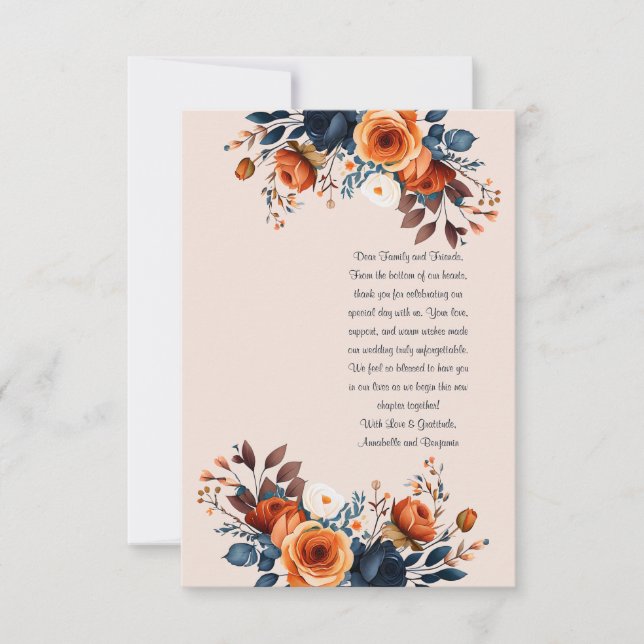  Burnt Orange and Blue Wedding Bookmark  Thank You Card (Front)