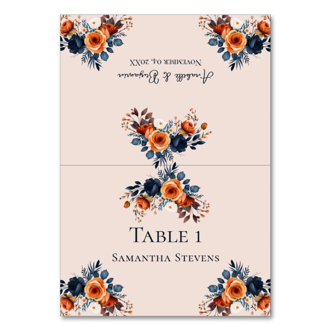Burnt Orange and Blue Wedding Escort Table Card (Front)