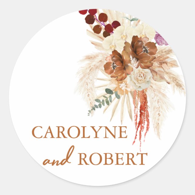 Burnt Orange And Bohemian Pampas Grass Wedding Classic Round Sticker (Front)
