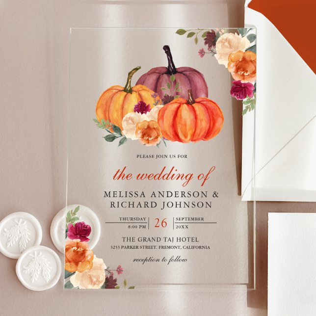 Burnt Orange and Burgundy Floral Pumpkin Wedding Acrylic Invitations (Creator Uploaded)