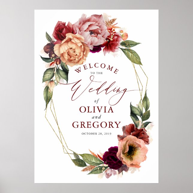 Burnt Orange and Burgundy Red Wedding Welcome Poster (Front)