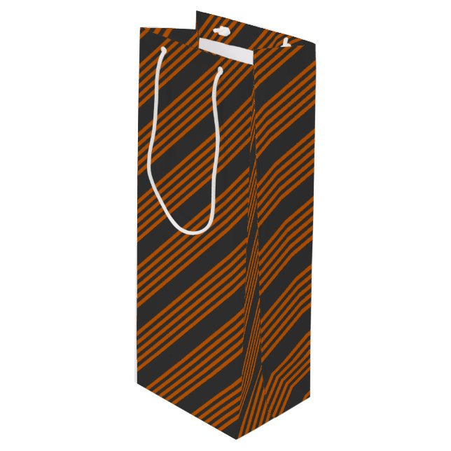 Burnt orange and charcoal five stripe pattern wine gift bag (Front Angled)