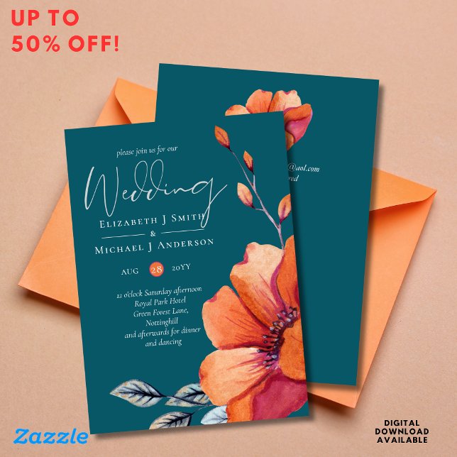 Burnt Orange and Dark Teal Wedding Invitations (Creator Uploaded)