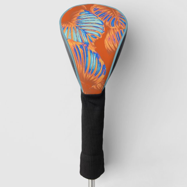 Burnt Orange and Electric Blue Tropical Leaves Golf Head Cover (Front)