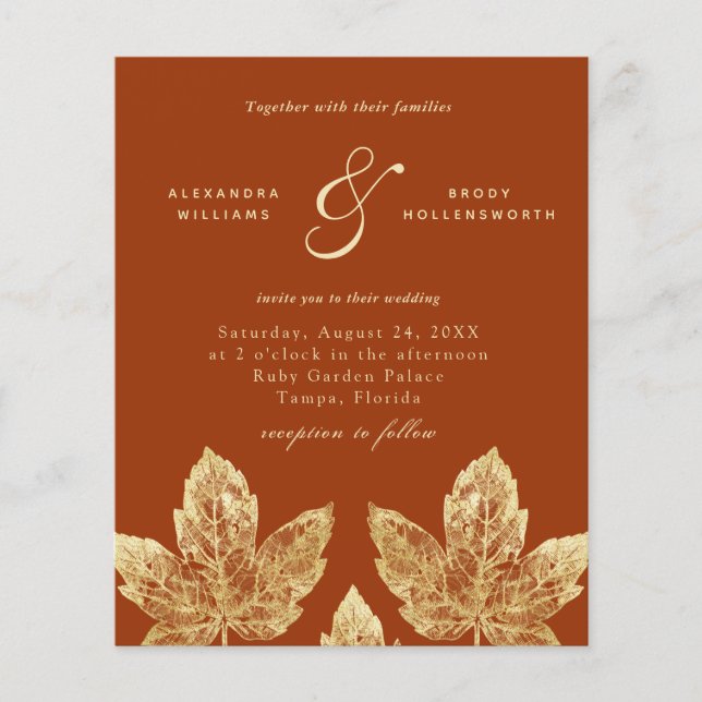 Burnt Orange And Gold Rustic Leaves Wedding Invite (Front)