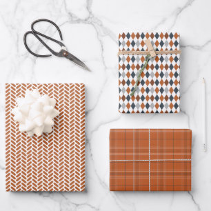 Burnt Orange and Gray Mixed Patterns Wrapping Paper Sheet